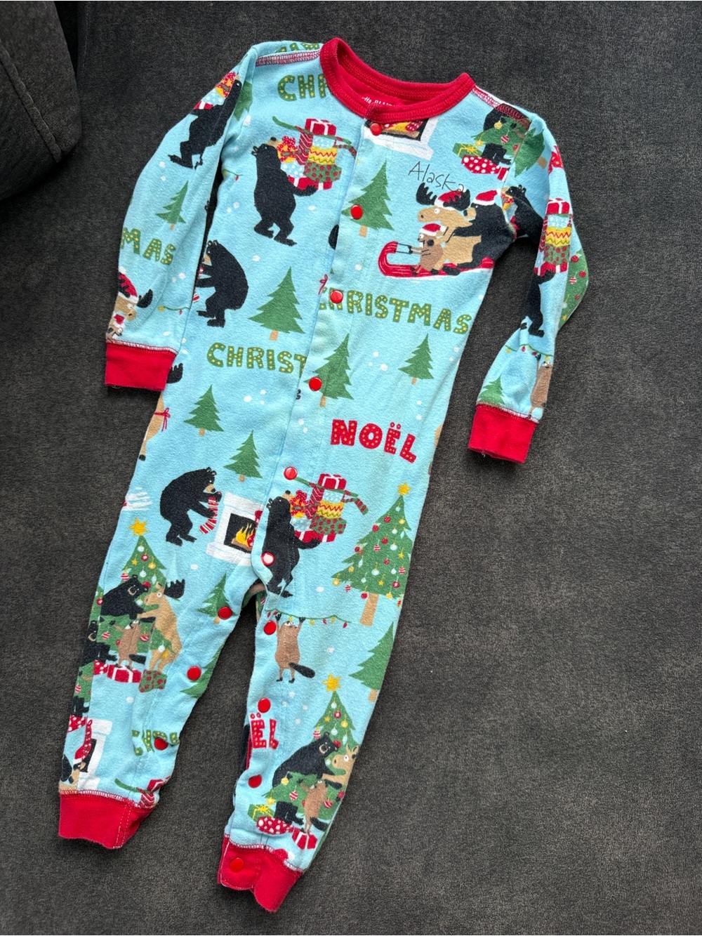 Kids Holiday Bear Print Pajamas - Light Blue with Red Trim (little blue house)
